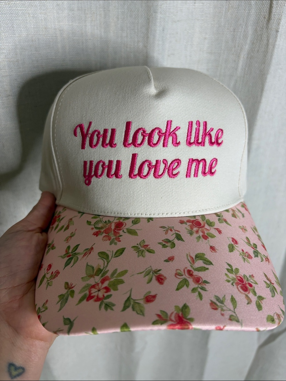 C.C Cream & Pink Floral "You Look Like You Love Me" Trucker Hat